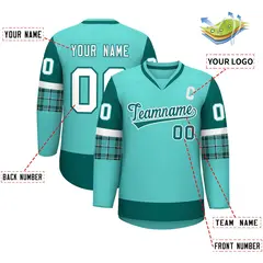Bright Green Aqua-White Raglan Sleeves V-Neck Hockey Jersey 2
