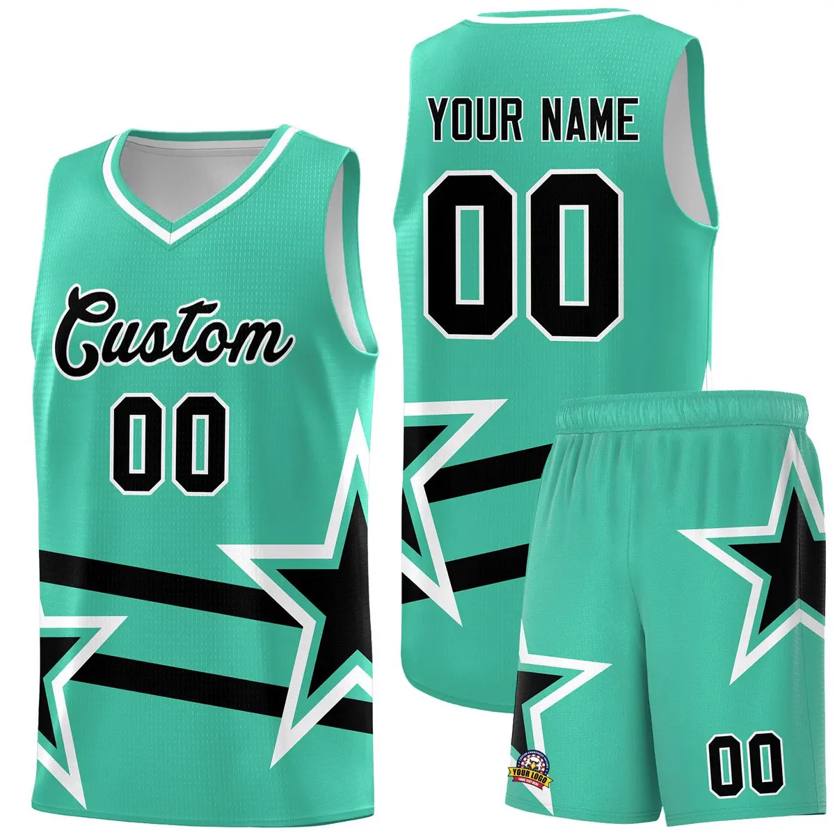Bright Green Basketball Kit Black Star Pattern and Double Lines