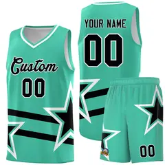 Bright Green Basketball Kit Black Star Pattern and Double Lines