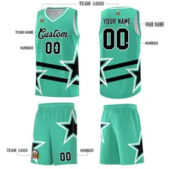 Bright Green Basketball Kit Black Star Pattern and Double Lines 5