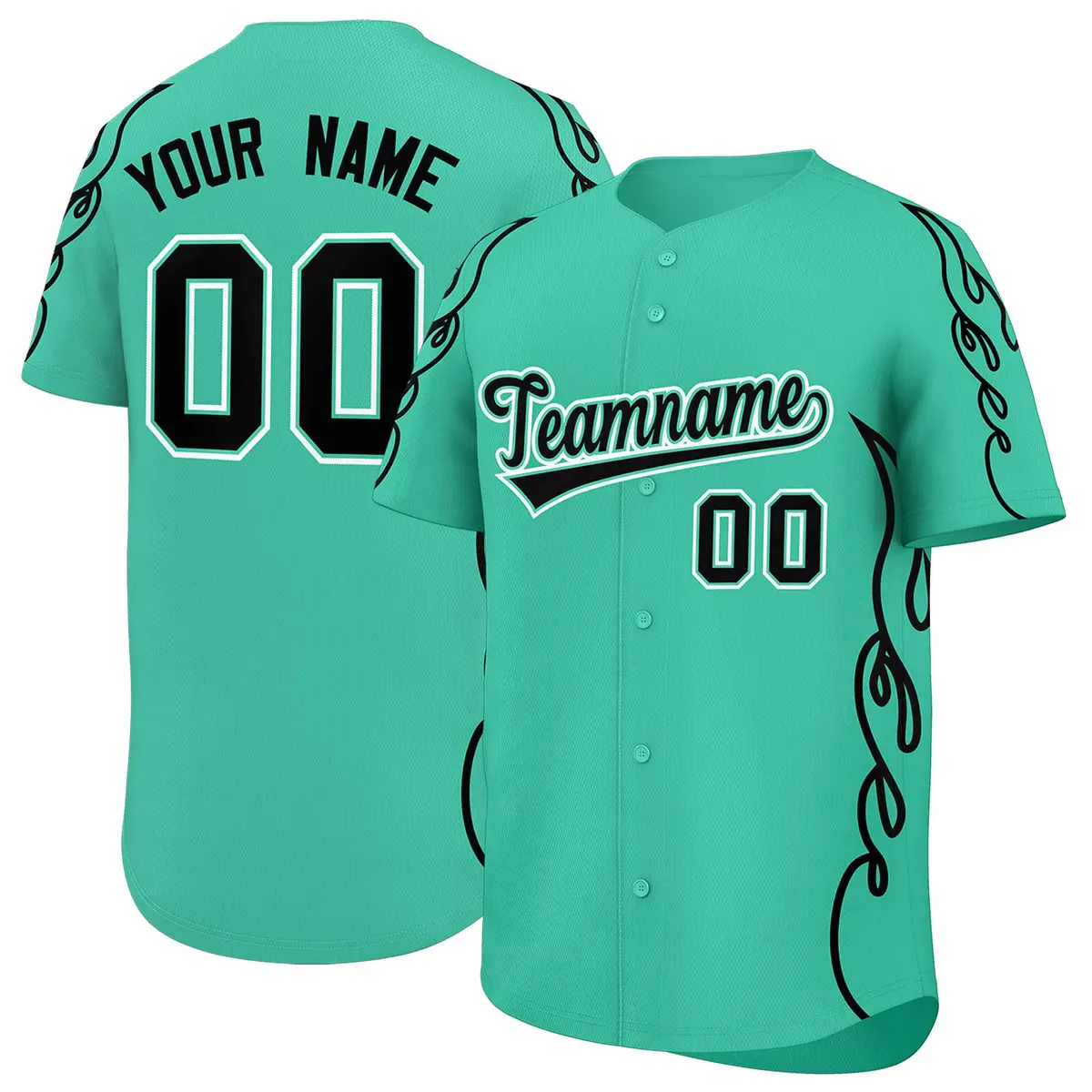 Bright Green Black Side Flame Outline Baseball Jersey