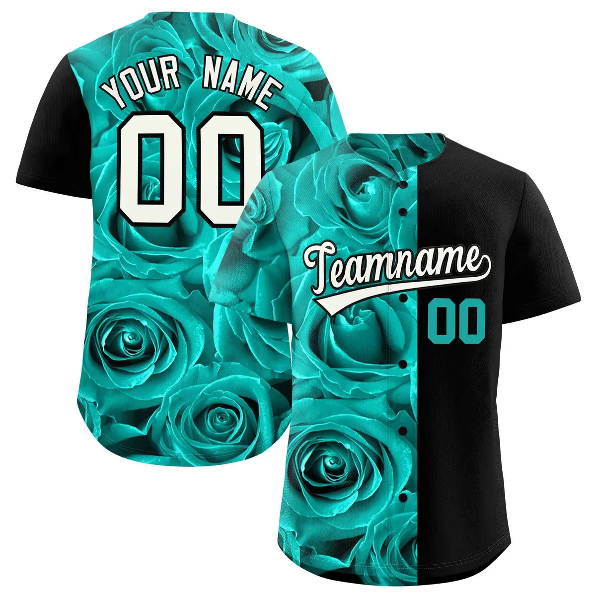 Bright Green Black Split Rose Print Baseball Jersey