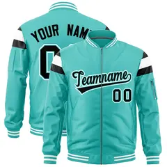 Bright Green Black-White Full-Zip Shoulder Color Block Varsity Letterman Bomber Jacket