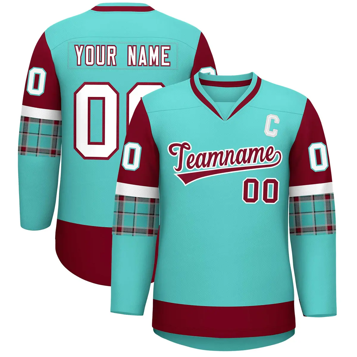 Bright Green Crimson-White Raglan Sleeves V-Neck Hockey Jersey