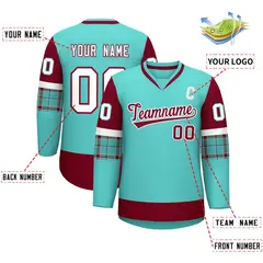 Bright Green Crimson-White Raglan Sleeves V-Neck Hockey Jersey 2