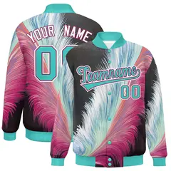 Bright Green Feather Fluid Pattern Full-Snap Varsity Letterman Baseball Jacket