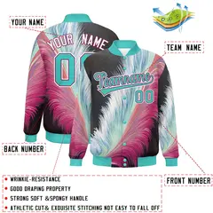 Bright Green Feather Fluid Pattern Full-Snap Varsity Letterman Baseball Jacket 2