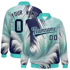 Bright Green Feather Fluid Pattern Full-Snap Varsity Letterman Baseball Jacket 1