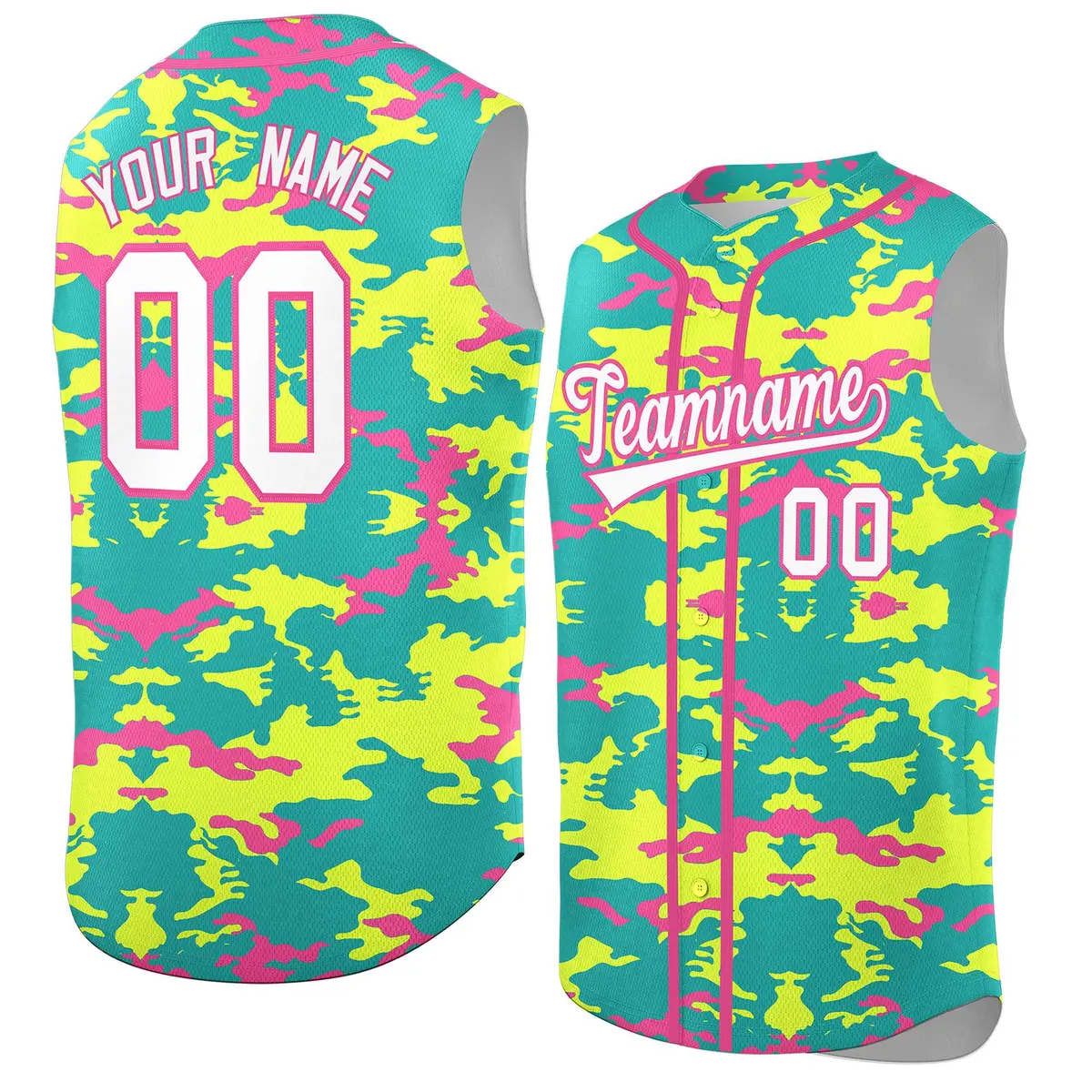 Bright Green Fluorescent Green Pink Camo Sleeveless Baseball Jersey