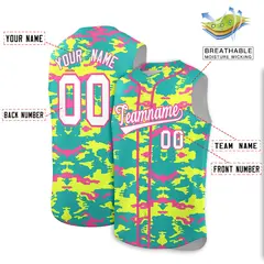 Bright Green Fluorescent Green Pink Camo Sleeveless Baseball Jersey 2