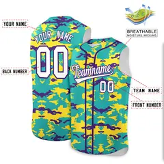 Bright Green Gold Purple Camo Sleeveless Baseball Jersey 2