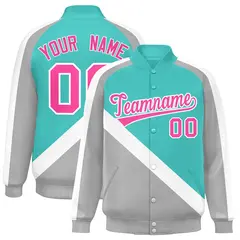 Bright Green Gray Raglan Full-Snap Letterman Baseball Jacket 1