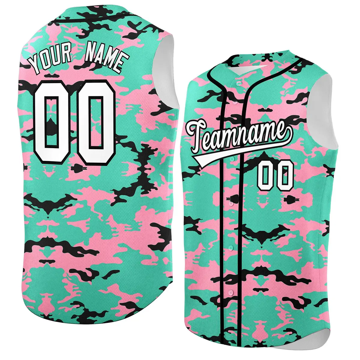 Bright Green Light Pink Black Camo Sleeveless Baseball Jersey