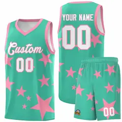 Bright Green Light Pink Graffiti Star Print Basketball Jersey Sets