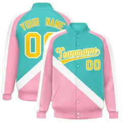 Bright Green Light Pink Raglan Letterman Baseball Jacket 1