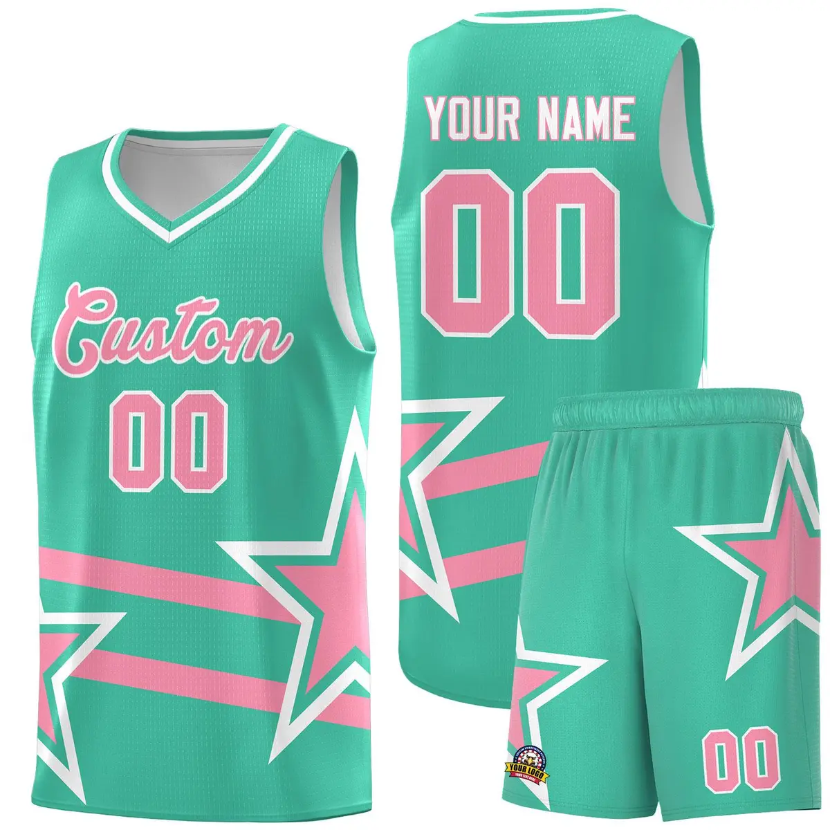 Bright Green Light Pink Star Pattern Double Lines Basketball Kits