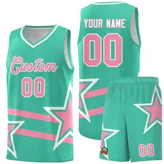 Bright Green Light Pink Star Pattern Double Lines Basketball Kits 1