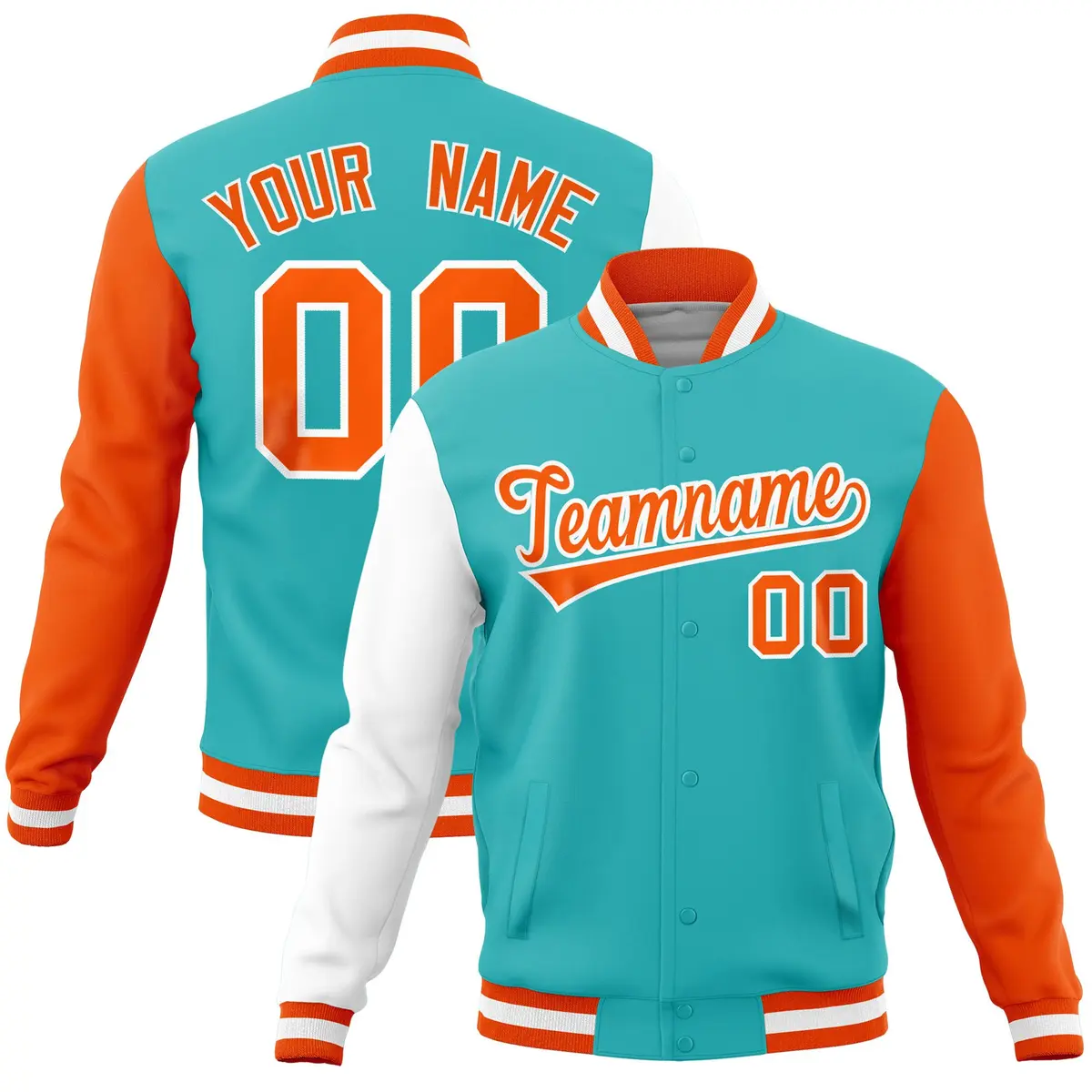 Bright Green Orange-White Raglan Full-Snap Varsity Letterman Jacket