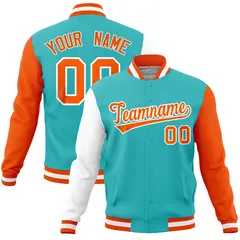 Bright Green Orange-White Raglan Full-Snap Varsity Letterman Jacket