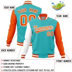 Bright Green Orange-White Raglan Full-Snap Varsity Letterman Jacket 4