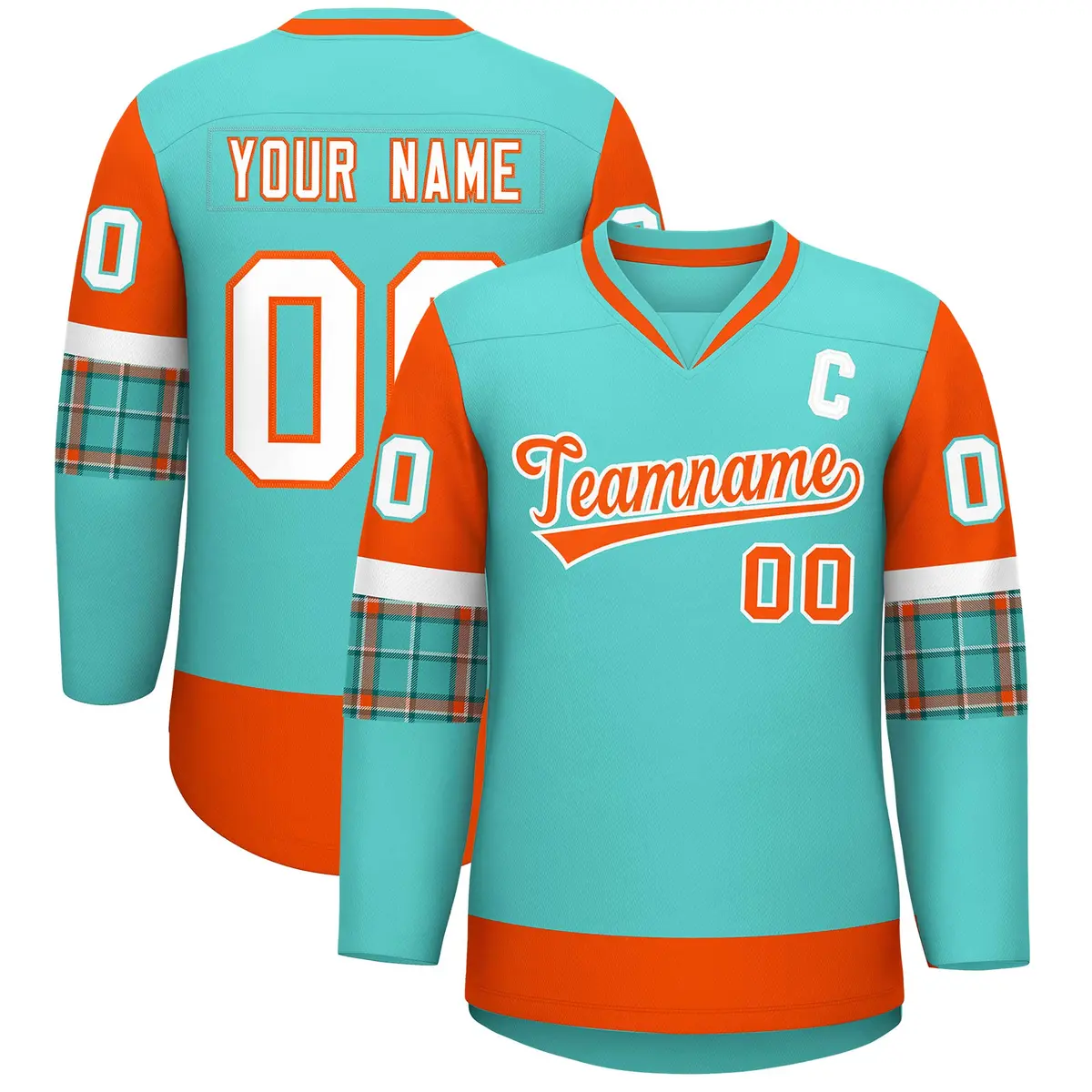 Bright Green Orange-White Raglan Sleeves V-Neck Hockey Jersey