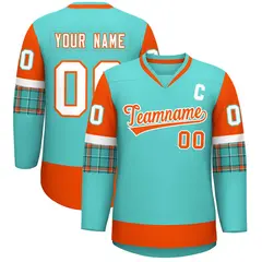 Bright Green Orange-White Raglan Sleeves V-Neck Hockey Jersey 1
