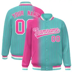 Bright Green Pink Gradient Pinstripe Varsity Full-Snap Baseball Jacket 1