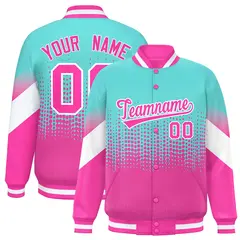 Bright Green Pink Gradient Polka Dot Varsity Full-Snap Letterman Baseball Jacket