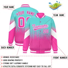 Bright Green Pink Gradient Polka Dot Varsity Full-Snap Letterman Baseball Jacket 2