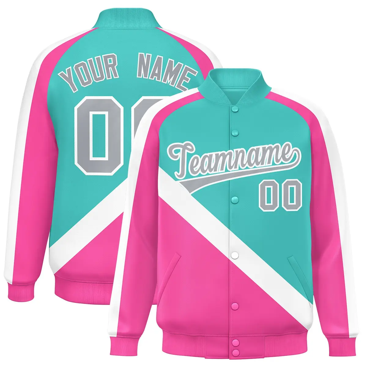 Bright Green Pink Raglan Full-Snap Letterman Baseball Jacket