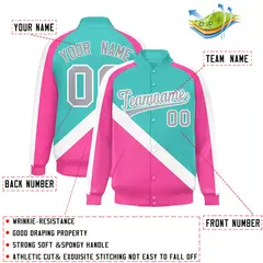 Bright Green Pink Raglan Full-Snap Letterman Baseball Jacket 2
