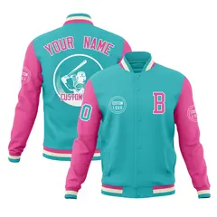 Bright Green Pink Raglan Full-Snap Varsity Letterman Baseball Jacket