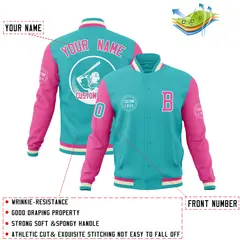 Bright Green Pink Raglan Full-Snap Varsity Letterman Baseball Jacket 4