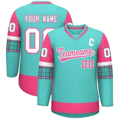 Bright Green Pink-White Raglan Sleeves V-Neck Hockey Jersey 1