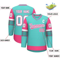 Bright Green Pink-White Raglan Sleeves V-Neck Hockey Jersey 2