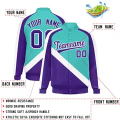 Bright Green Purple Raglan Sleeves Varsity Full-Snap Letterman Jacket 2