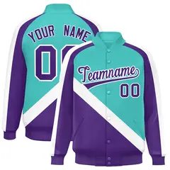 Bright Green Purple Raglan Sleeves Varsity Full-Snap Letterman Jacket