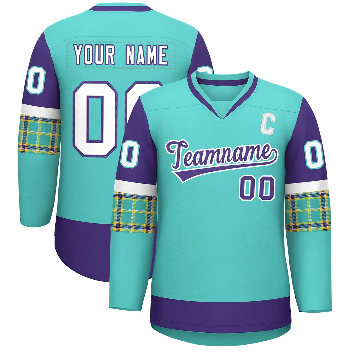 Bright Green Purple-White Raglan Sleeves V-Neck Hockey Jersey