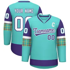 Bright Green Purple-White Raglan Sleeves V-Neck Hockey Jersey 1