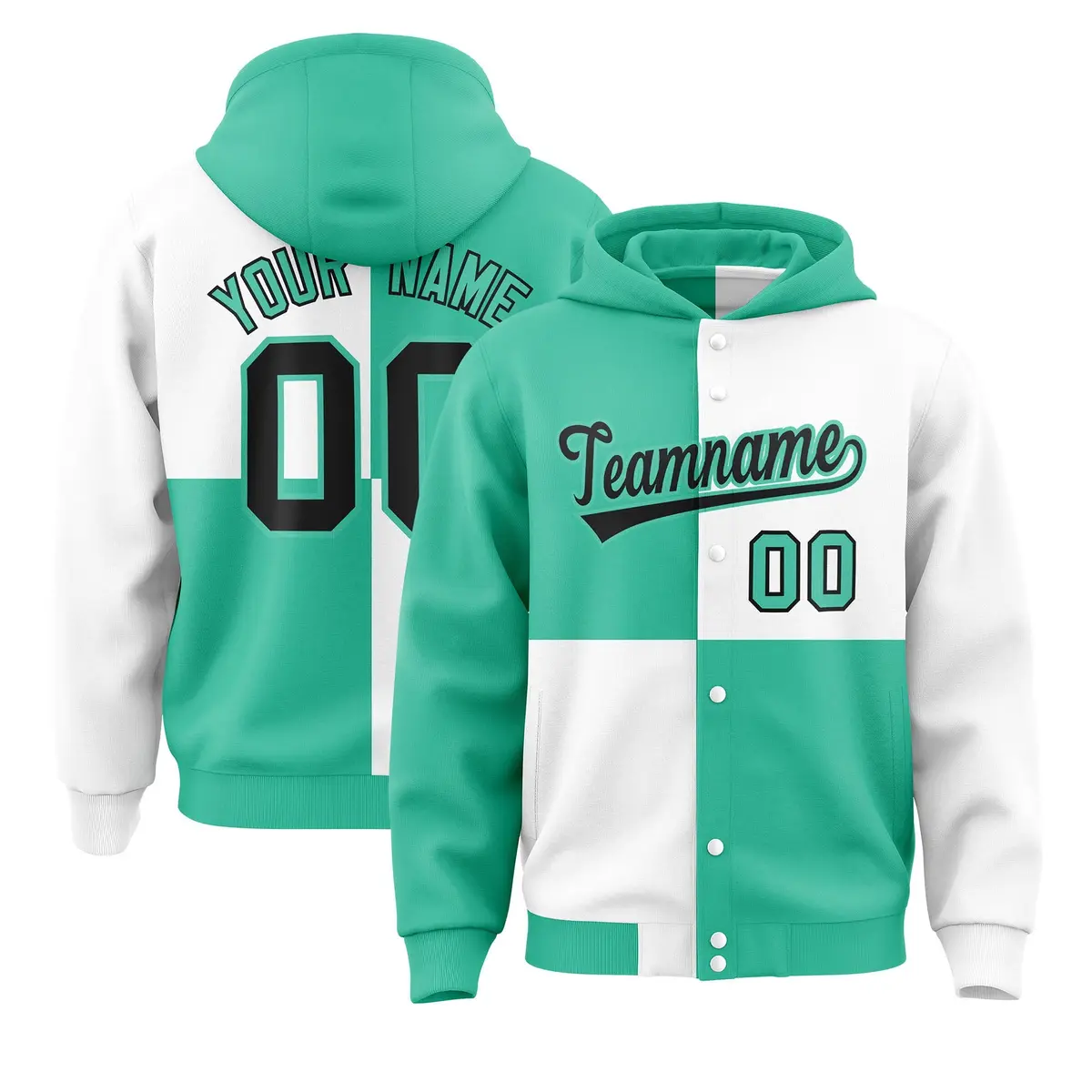Bright Green White Four Squares Color Block Varsity Letterman Jacket Hoodie