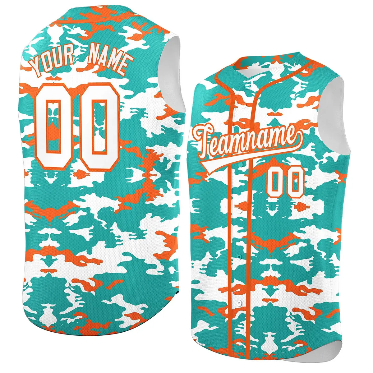Bright Green White Orange Camo Sleeveless Baseball Jersey
