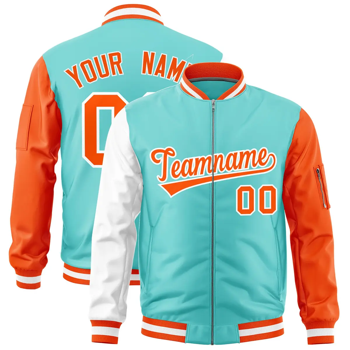 Bright Green White Orange Varsity Full-Zip Raglan Letterman Bomber Jacket