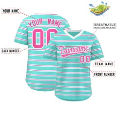 Bright Green White-Pink Horizontal Stripe Pullover Baseball Jersey 2
