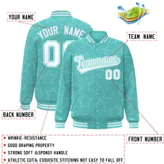 Bright Green White Star Pattern Varsity Full-Snap Letterman Baseball Jacket 2