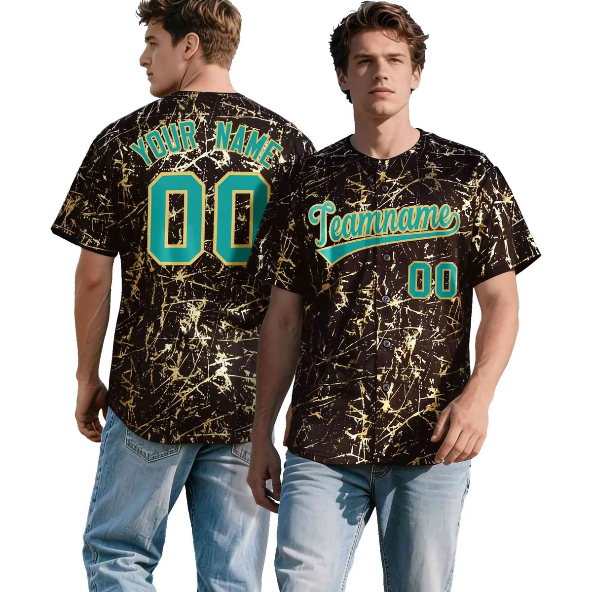 Brown Aqua Metallic Gold Splatter Baseball Jersey