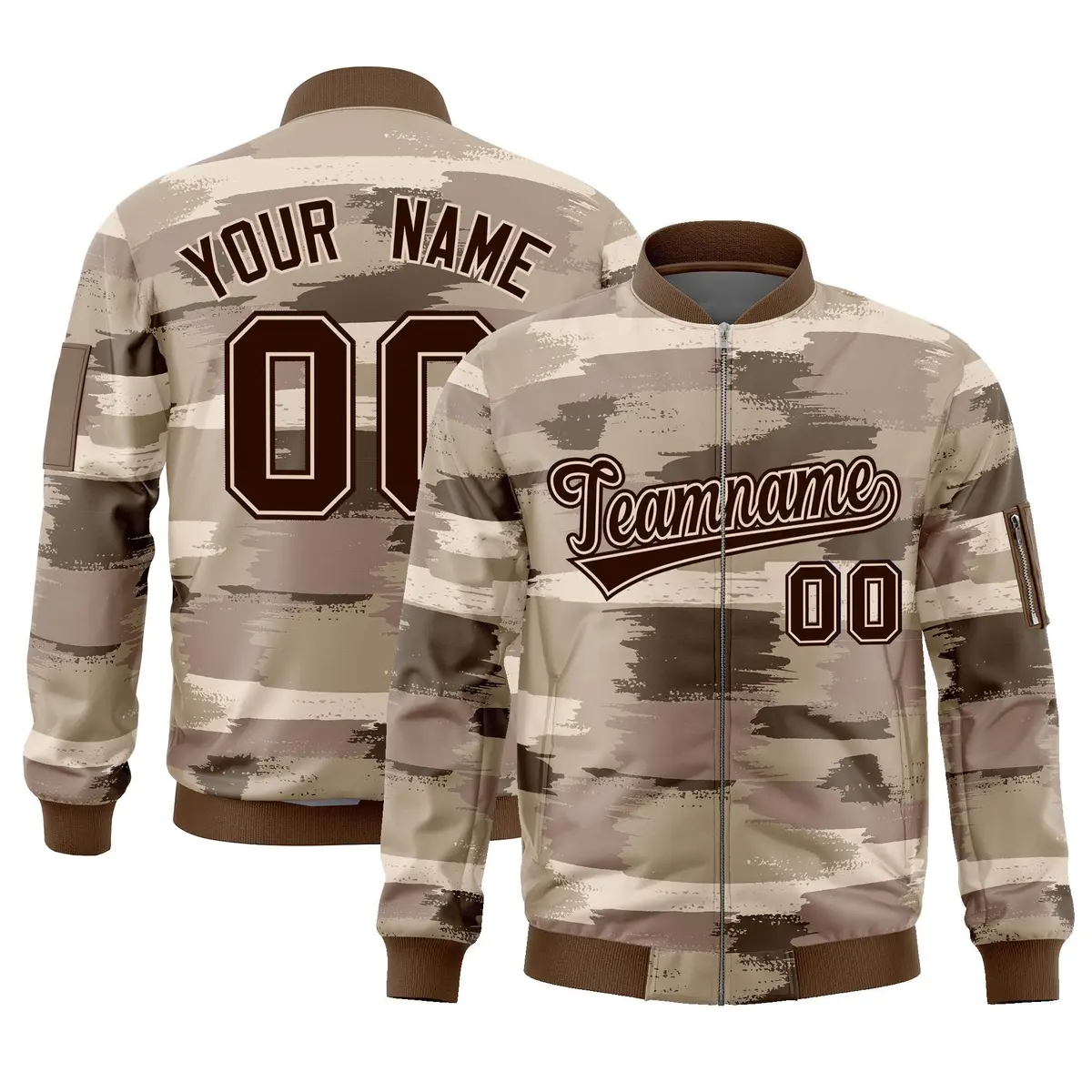Brown Black Camo Varsity Full-Zip Letterman Bomber Jacket