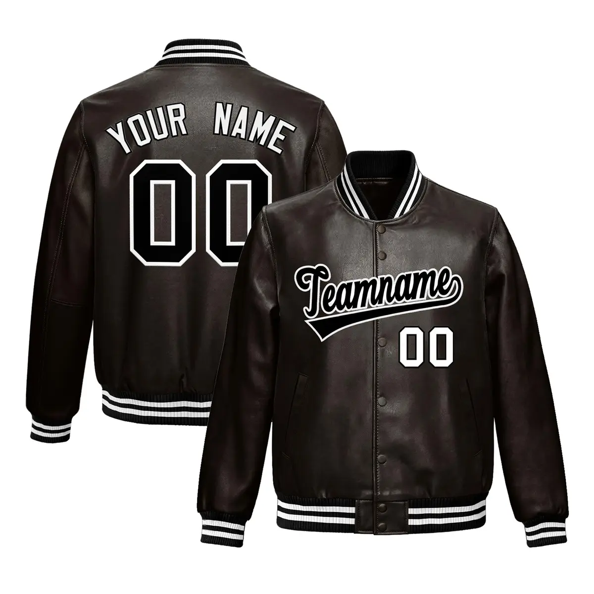 Brown Black Full-Snap Varsity Faux Leather Letterman Jacket
