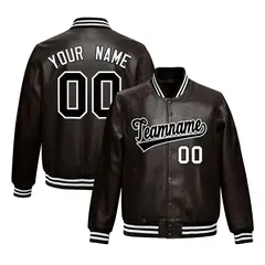Brown Black Full-Snap Varsity Faux Leather Letterman Jacket 1