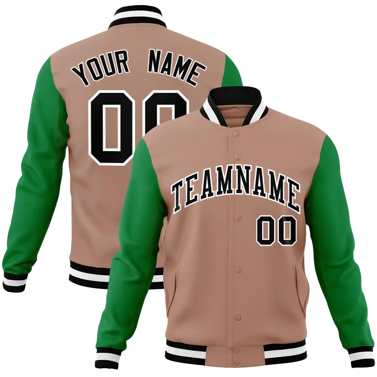 Brown Black-White Raglan Varsity Full-Snap Letterman Jacket