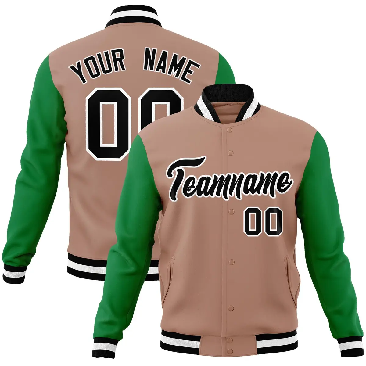 Brown Black-White Raglan Varsity Full-Snap Letterman Jacket